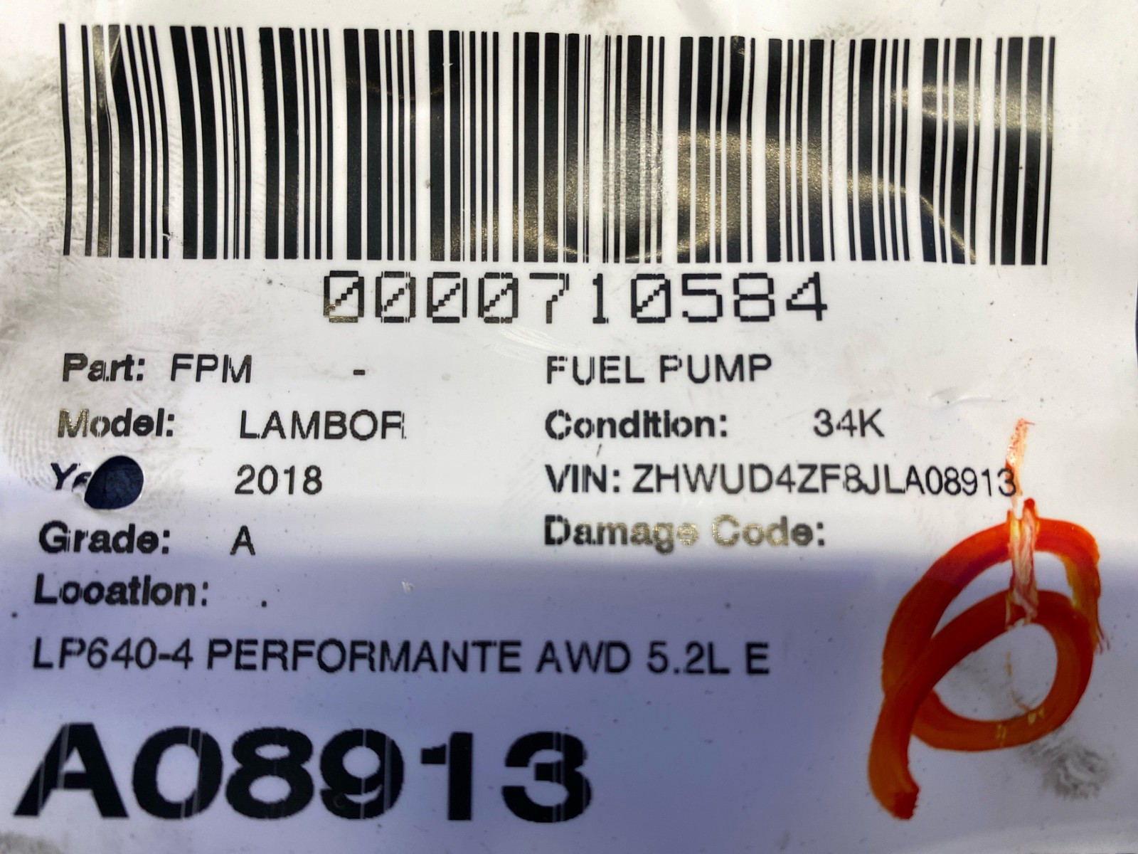 LAMBORGHINI HURACAN LP640-4 PERFORMANTE MOTOR MOUNTED HIGH PRESSURE FUEL PUMP
