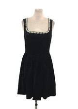 M&S Women's Mini Velvet Dress Black Rhinestone Skater Scoop Square Neck Zip New