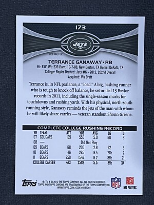 2012 Topps Chrome Orange Refractors Jets #173 Terrance Ganaway | eBay