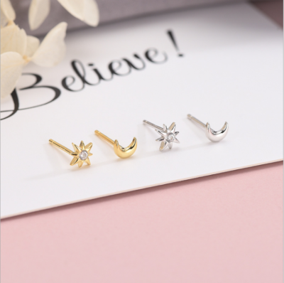 925 Sterling Silver Moon Star Tiny Asymmetric 5mm CZ Stud Earrings