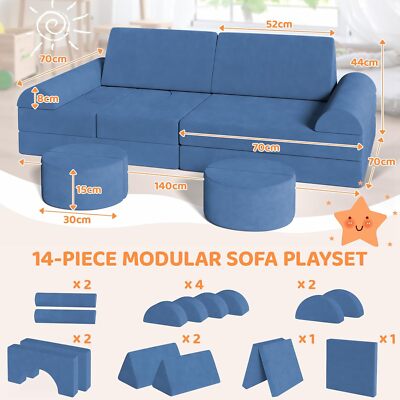 14 tlg Spielsofa Doppel Kindersofa Schlaffunktion Schaumstoffbausteine Modulsofa