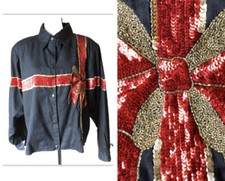Vintage Miss Morgan Black “gift Wrap” Holiday Jacket Red Gold Sequins Bow Xl
