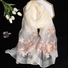 Imitation Silk Flower Embroidered Lightweight Ladies White Scarf / Shawl