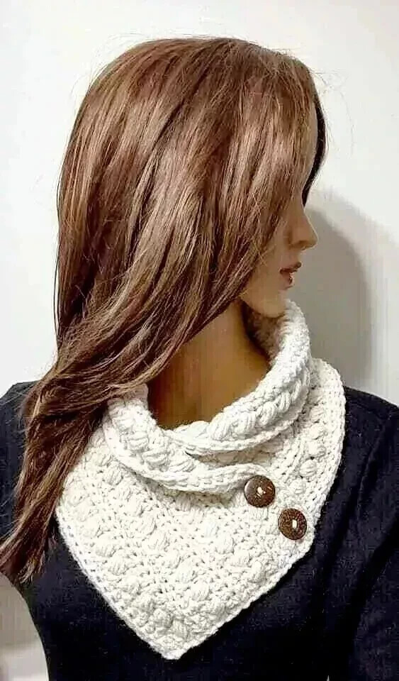 Handmade crochet button cowl scarf in cream white by USA artisan