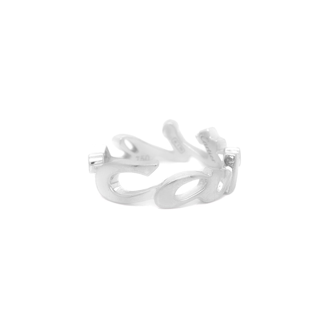 Signed Cartier 18K White Gold Script Logo Band Ring.