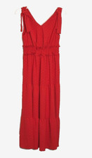 SHEIN Red Sleeveless Maxi Peasant Dress; Flocking; Tiers; Shoulder Ties; Size L