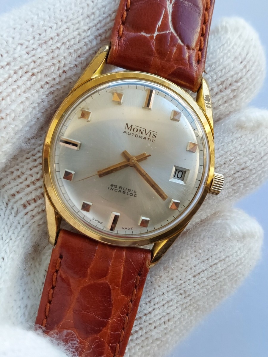 MONVIS WATCH AUTOMATIC ETA 2452 DATE GOLD PLATED MENS SWISS MADE