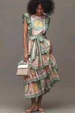 Anthropologie Alemais Porcelain Frill Dress Tiered Linen Maxi Size 2 US/6AU NEW