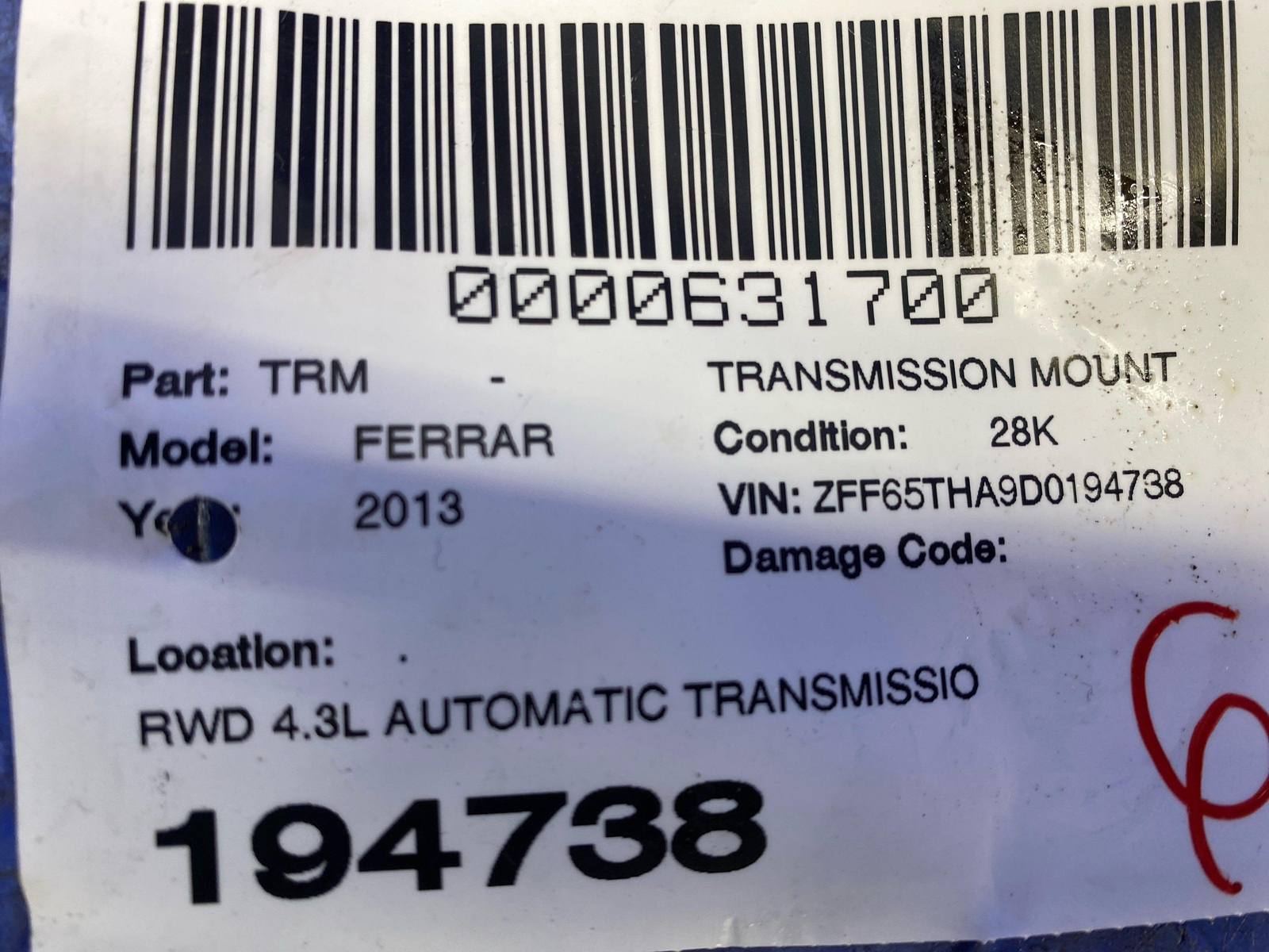 2013 FERRARI CALIFORNIA RWD 4.3L AUTOMATIC TRANSMISSION SUPPORT MOUNT W/ BRACKET