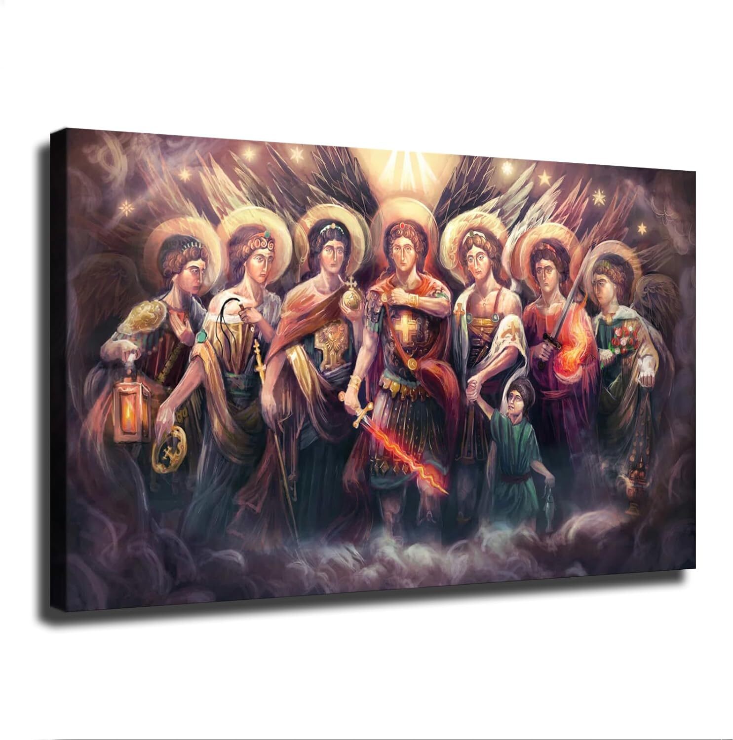 7 Archangels Vintage Christian Bible Art Framed Canvas Painting  