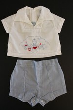 Vintage 60s 70s Infant Boy s Two-Piece Outfit Embroidered Beach 3 6 9 Doll
