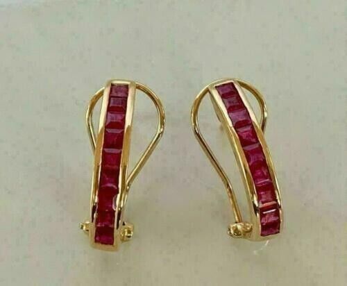 Fancy Hoop Earrings 2.02 Ct Princess Simulated Red Ruby 14K Yellow Gold Finish - Photo 1/6