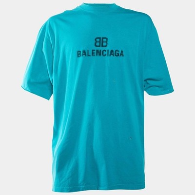 Balenciaga Unifit Blue Logo Print Jersey Ripped Oversized TShirt S