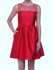 ADRIANNA PAPELL Illusion Mikado RED Fit Flare S/L Party Dress PROM NWT Womens 4