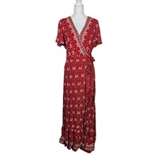 Zesica Maxi Wrap Dress Red V Neck Flutter Sleeve Womens Large Boho Flowy