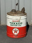 Vintage TEXACO Improved 5 GALLON Motor Oil Can Wood Handle Screw On Spout Gas