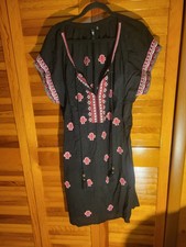 Ellos Women Shift Dress L Embroidered Tassel 100% Cotton Black Boho Western