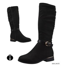 Womens Black Faux Suede Mid Calf Riding Boots Low Heel Inside Zip Casual Shoes