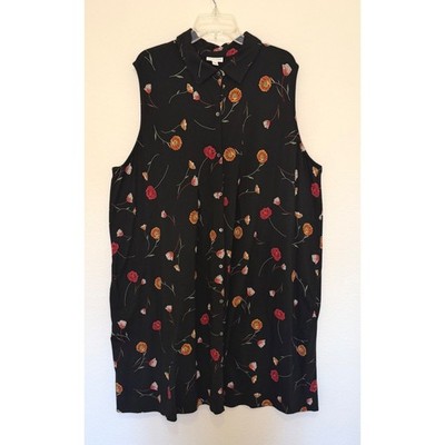 J Jill Floral Sleeveless Shirt Dress Black Red Yellow Button Front 3X Plus