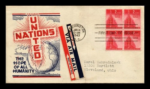 DR JIM STAMPS US COVER WWII UNITED NATIONS FDC SCOTT 907 BLOCK OF 4 PATRIOTIC