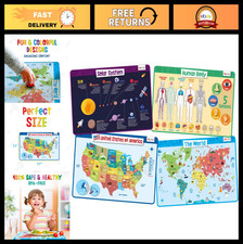 Educational Kids Placemat Set 4-Pack - Washable Silicone, Map Designs, 17x11 in