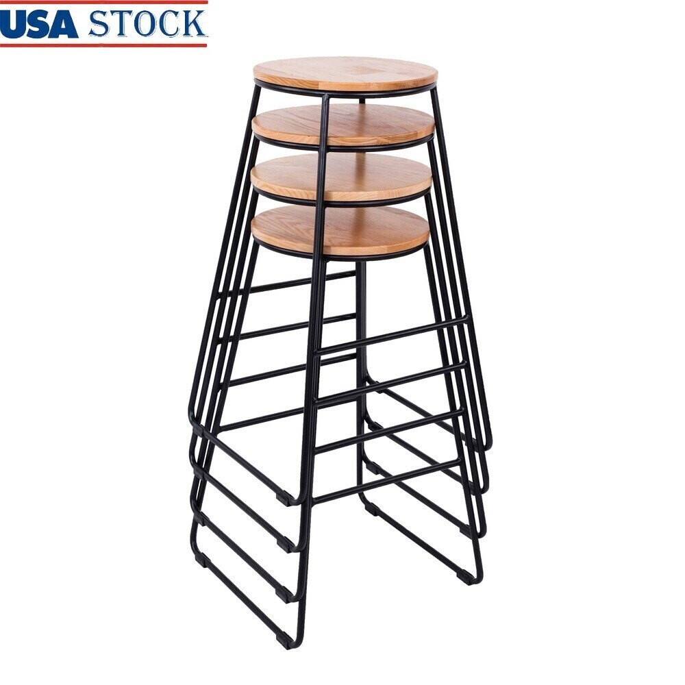 Black Metal Backless Stool Set of 4 Natural Wood Seat Kitchen Bar Stacking New