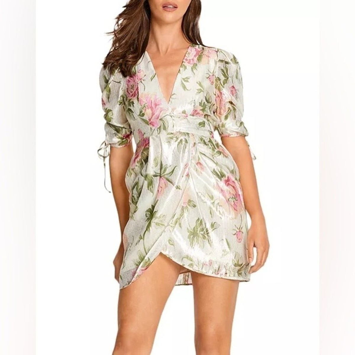 Alice McCall Salvatore Floral Metallic Mini Dress NWT Size 6 Gold Pink Wrap View 6