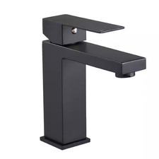 Square Single Handle Single Hole Bathroom Faucet with Supply Line in Matte Black