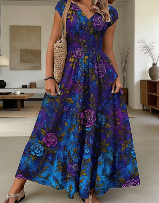 Elegant V-Neck Floral Pleated Plus Size Maxi Dress
