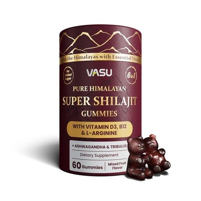 Vasu 6 in 1 Pure 60 Count Himalayan Gold Shilsajit Gummies D3 B12 for Men Energy