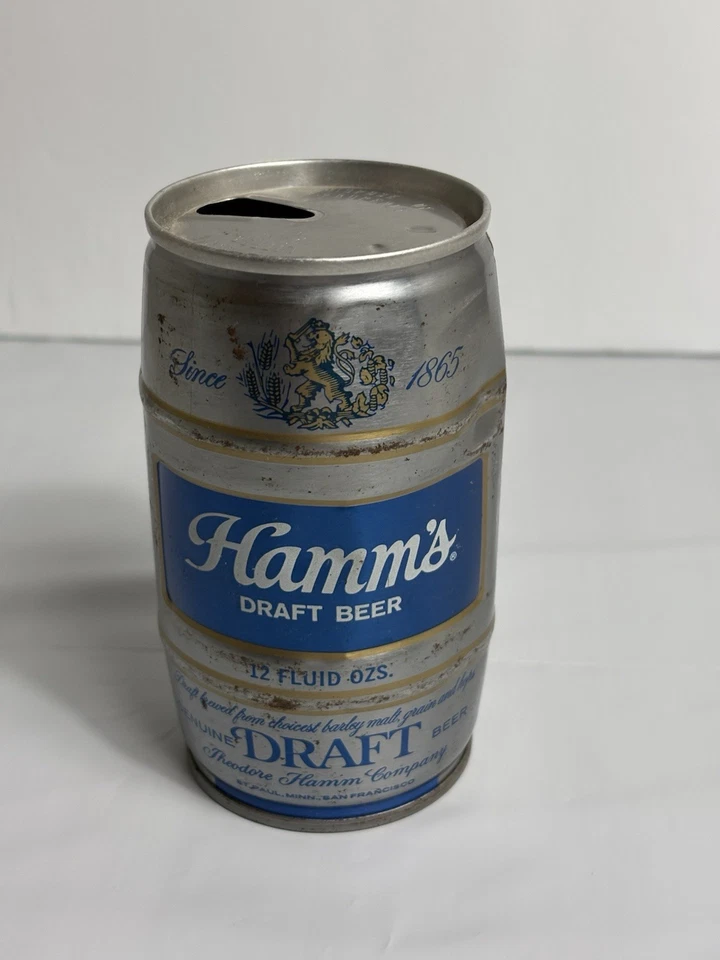Lata de cerveza de colección 12 OZ Hamm's Draft barril de acero en forma Olympia St Paul tapa abierta Foto 3 de 4