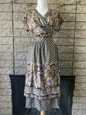 Vintage 1970s JC Penney wrap around dress black brown taupe botanical print S
