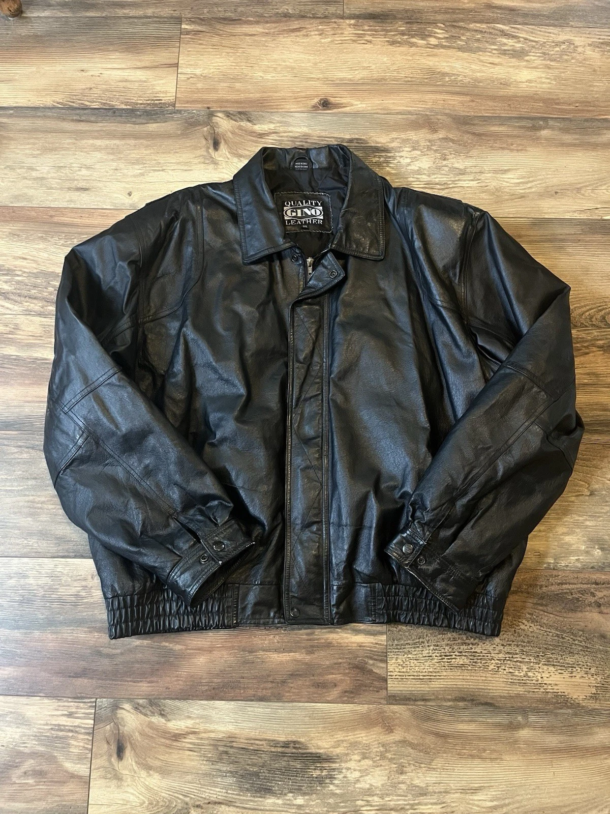 Vintage Quality Gino Leather Jacket Black Bomber Collared Coat 3XL Excellent - product detail image 1