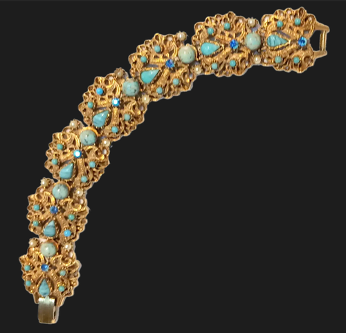 BELLISSIMO BRACCIALE FLORENZA '20s TURCHESI, PERLE, cm19,5 ORO GIALLO/ARGENTO! - Foto 9 di 13