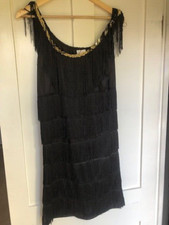 Ladies 1920's Flapper Black Lined Dress Costume Tassles Size 10