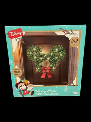 NEW Disney Mickey Mouse Sparkle Garland Wreath 2.25ft Tall Dazzling Light Affect