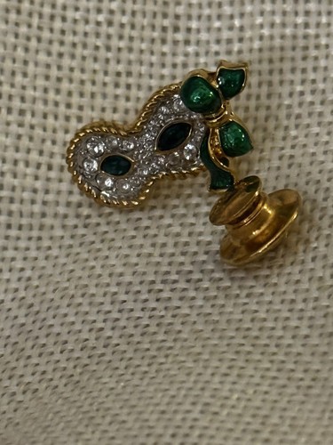 Swarovski Kristall grüne Maskerade Karneval Maske goldfarben Anstecknadel Krawattennadel