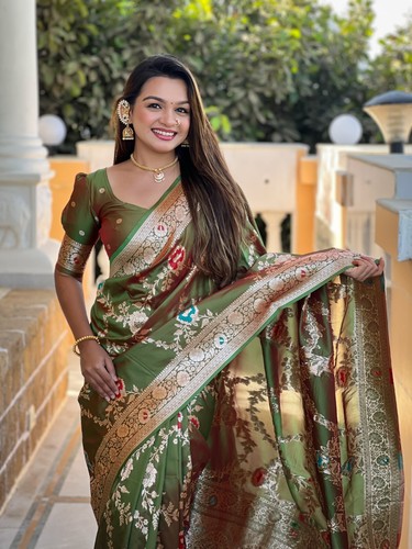 Designer morbido seta Banarasi donna Sari Meenakari tessitura indiano tradizionale sari - Foto 41 di 161