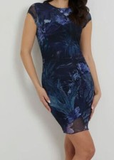 GUESS Women's Blue Eco Aida Mesh Short Sleeve Dress Size XS