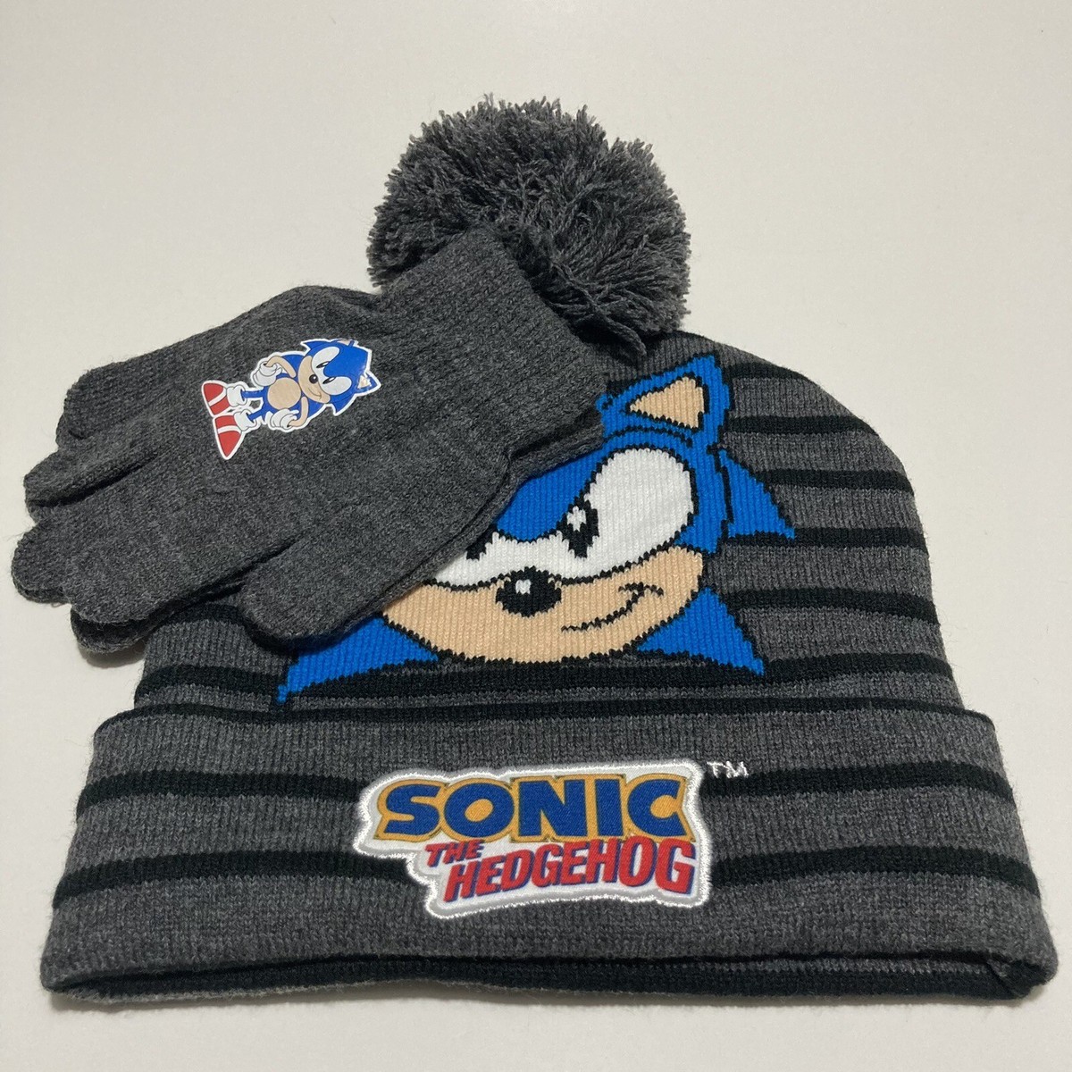 Sonic The Hedgehog Blue Kids Boys Winter Beanie Hat Gloves Set