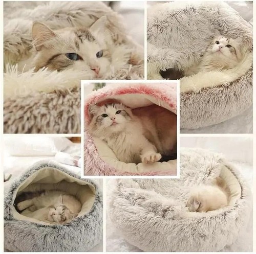 Soft Plush Round Cat Bed Pet Mattress Warm Comfortable Basket Cat Dog 2 in 1 - Picture 6 of 20
