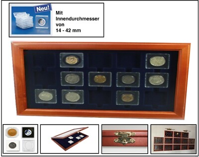 SAFE-5846-Holz-Münzvitrine-15-Fächer-50-mm-Blaue-Einlage-für-Square-Münzkapseln