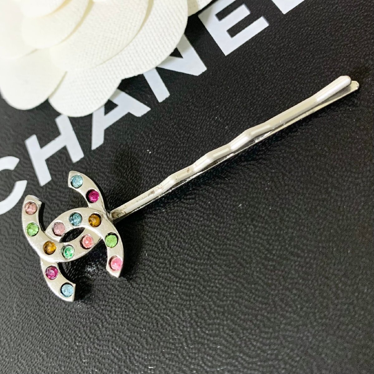 CHANEL Hairpin Coco Mark Multicolor Stone Silver Logo Hair CHANEL Hairpin Coco Mark Multicolor Stone Silver Logo Hair