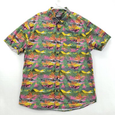 Massive Shirt Mens Large Pink Green Gray Floral Short Sleeve Classic Button-Down