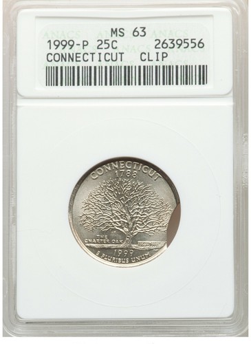 ER090 1999-P 25C Connecticut Statehood Quarter Dollar -- Clip ANACS MS63