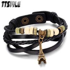 Vintage TTstyle Black Leather Eiffel Tower Bracelet Wristband