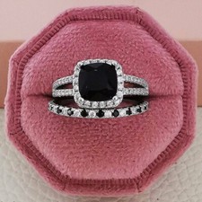 3Ct Cushion Black Diamond Bridal Set Wedding Ring 14K White Gold Plate Simulated