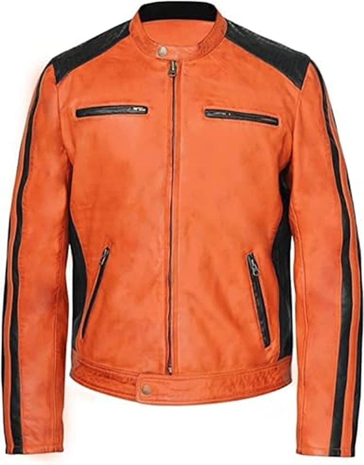 Men's Leather Jacket Biker Motorcycle Vintage Waxed Orange Leather Jacket Coat