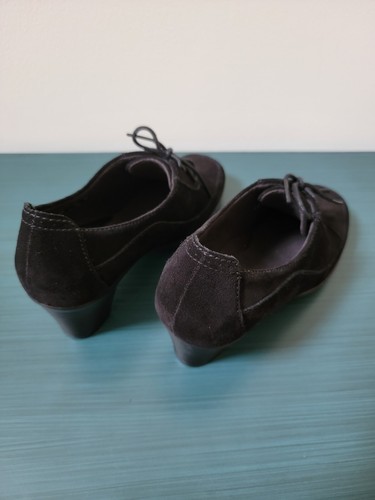 Clarks Bendables Shoes Women 7.5 M Oxford Black Suede Block Heels Lace Up - Picture 3 of 14