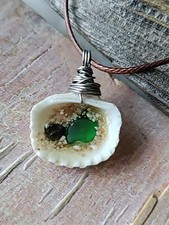 Green Sea Glass  Shell Necklace Surf Hawaii Beach Teen Gift Boho Unique Sand